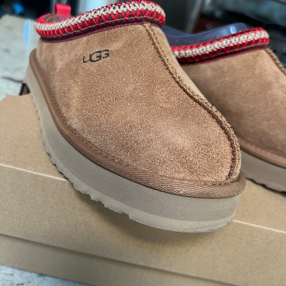 UGG Brown Slippers with Red Trim